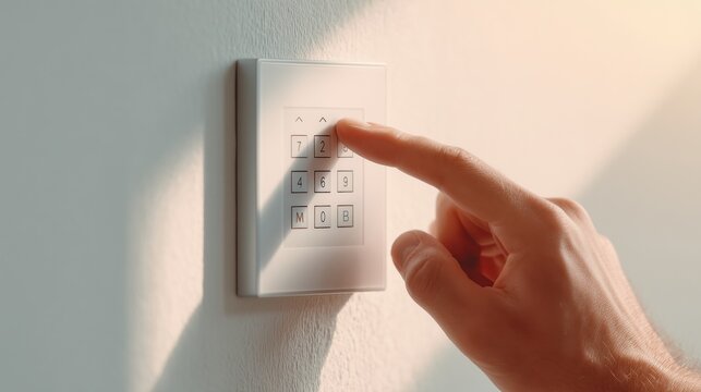 Close-up of a male hand entering a PIN code on a modern wall-mounted security keypad, concept of smart home protection, alarm system access, and secure entry control in daylight.
