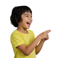 A cheerful young girl is laughing and pointing to the right side, isolated on transparent background