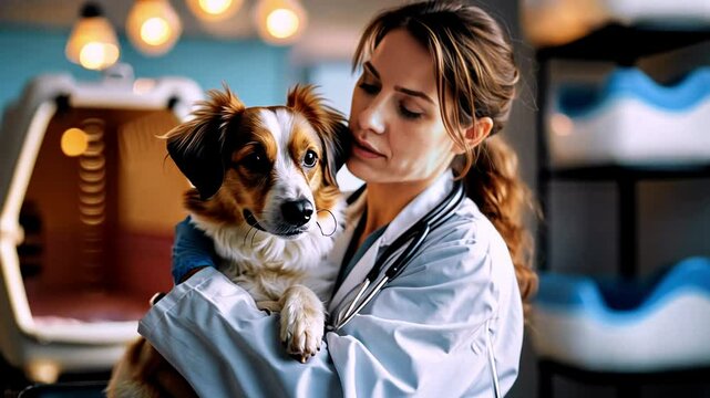 Caring female veterinarian comforts a small dog during a veterinary visit.
