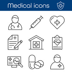 Medical icons in flat style on transparent background. Includes hospital, doctor, health, first aid and healthcare symbols. Ideal for apps, websites, infographics and presentations.Vector illustration