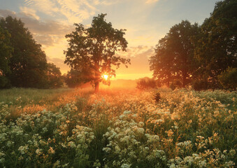 Sunset Over Meadow with Wildflowers