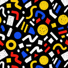 Colorful Seamless Pattern Featuring Geometric Shapes, Squiggles, and Abstract Designs on Black Background