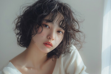 ラフな髪型の日本人女性のクローズアップポートレート