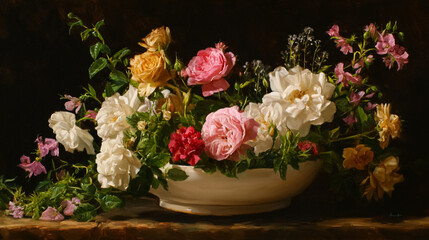 Elegant English garden bouquets in vintage vases, adorned with peonies, tulips and roses and other flowers, displayed in manor garden with dappled light and timeless floral grace