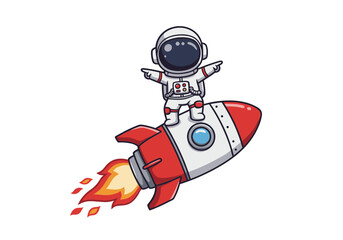 vector of cute cartoon astronaut character standing on a rocket ship in space