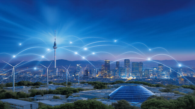 City skyline at night showcasing bright lights and digital connections across buildings. Urban setting highlighted by technology and renewable energy sources - Powered by Adobe