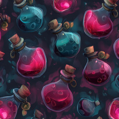 Colorful Glowing Vials with Potions in a Seamless Pattern for Background Design and Artistic Creations