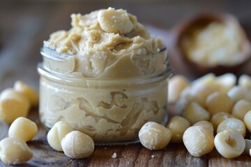 Creamy macadamia nut butter is presented in a glass jar surrounded by macadamia nuts on a rustic wooden surface