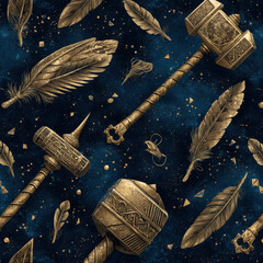 Magical Seamless Pattern of Glowing Hammers and Spears with Feathers on Dark Background