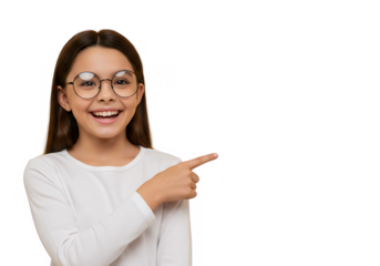 A cheerful young girl with glasses is pointing to the right, isolated on transparent background