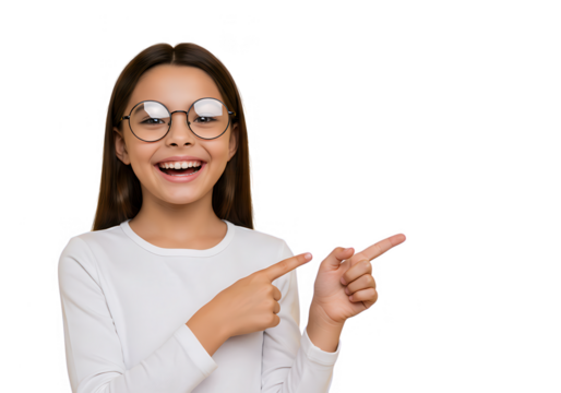 A cheerful young woman with glasses is pointing to the side isolated on transparent background