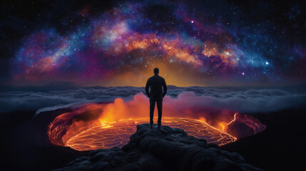 Fototapeta premium Individual gazes towards luminous lava lake, surrounded by billowing clouds and a stunning star-filled sky. Remote volcanic landscape exudes dramatic beauty