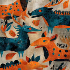 Seamless Pattern Featuring Tribal Style Animals in Vibrant Colors and Unique Shapes