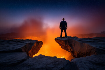 Man stands on rocky ledge observing glowing lava from volcanic eruption. Twilight background with stars enhances the awe-inspiring view. Concept of adventure, geology, thrill-seeking