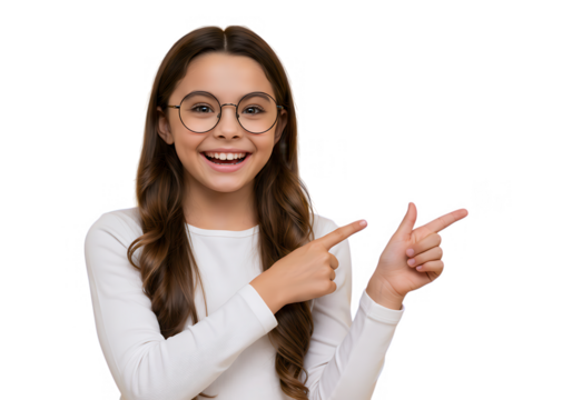 A happy young girl is pointing with both hands to the right, isolated on transparent background