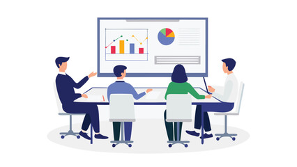 People in a meeting looking at a presentation with charts and graphs on a screen in an office space