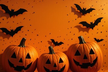Fototapeta premium three carved pumpkins with spooky faces on an orange background, surrounded by decorative bats and stars, creating a festive halloween atmosphere
