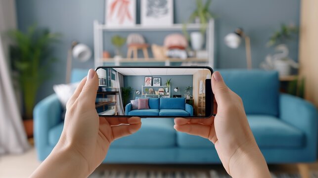 AR shopping experience, with a customer using a smartphone to preview products in their home environment through augmented reality.