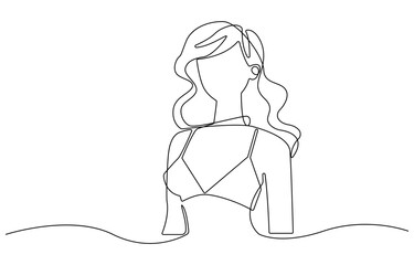 Continuous line art or one line drawing of a girl on the beach. Summer holiday happiness of carefree joyful woman,  Summer postcard with text and girl in a swimsuit, continuous single one line art.