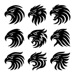 Tribal Eagle Tattoo Silhouette Set - Majestic Flying Bird of Prey Icons with Spread Wings in Bold Black Tribal Ink Style Design with Transparent Background