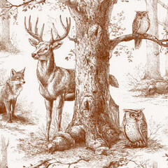Hand Drawn Seamless Pattern of Deer, Foxes, and Owls in Natural Setting for Creative Projects