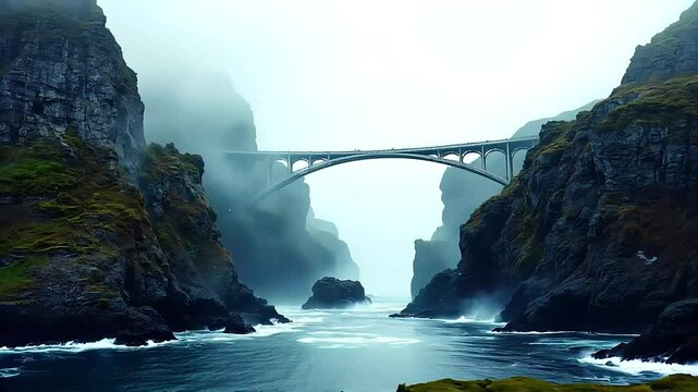 Wide angle cinematic pullback showing the bridge connecting two misty cliffs as gulls glide across the frame