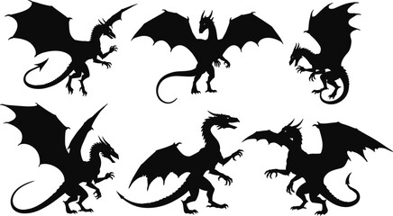 Set of fierce dragon silhouettes with wings, fantasy reptile creatures in black, flying monster illustrations, isolated vector art design collection