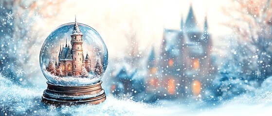 a snow globe with a tiny gothic castle inside, watercolor illustration, swirling glitter snow midmotion, delicate glass reflections, soft winter light ambiance, white background