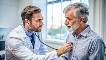 Middle-aged 40s cardiologist using stethoscope to listen to male patient heartbeat, assessing cardiac or respiratory health during medical examination in consulting room. Cardiology, professional care