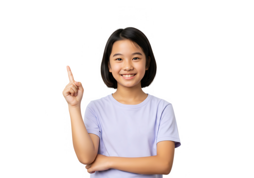 A smiling asian girl in a purple shirt is pointing up, isolated on white background - Powered by Adobe