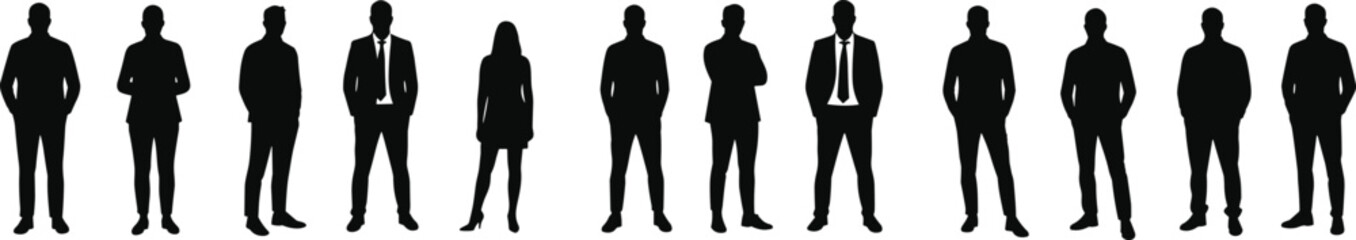Silhouettes of business people standing, professional men and women group, isolated black vector figures, corporate team concept illustration icons