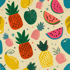 Hand Drawn Tropical Fruits Seamless Pattern with Colorful Pineapples, Watermelons, and Lemons on a Light Background