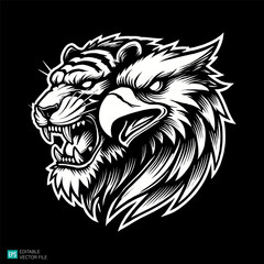 Naklejka premium tiger and eagle illustration vector black and white background templates