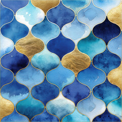 Hand-Painted Seamless Moroccan Tile Pattern in Vibrant Blue and Gold Colors for Elegant Background Design