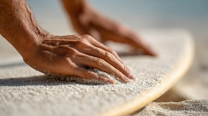 Close up of a surfer's hands meticulously applying wax to their surfboard on a sun drenched sandy beach, preparing for a session of riding the waves