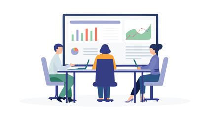 People sitting at a conference table looking at charts and graphs on a large screen display board
