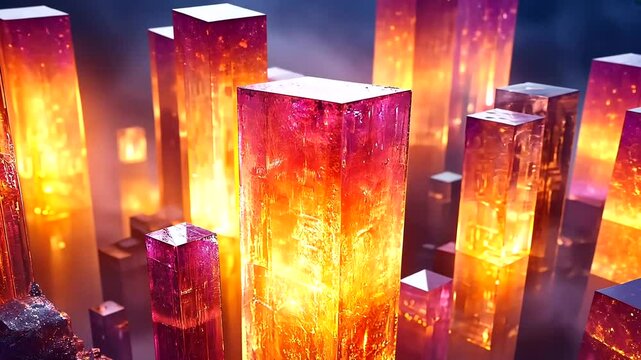 Abstract luminous crystal formations evoking a futuristic cityscape with vibrant colors