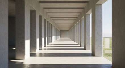 Endless perspective of architectural columns and beams in a minimalist concrete structure