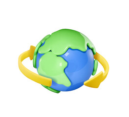 Blue globe with yellow arrow vector. Around the world. Travel symbol. Recycling icon isolated. Planet earth travelling. tourism