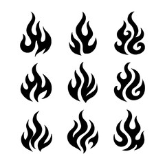 Tribal Fire Flame Tattoo Set - Edgy Abstract Black Silhouettes of Burning Flames, Symbolic Fire Elements for Design, Isolated Illustration with Transparent Background