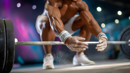 Hands chalking up for deadlifts with dust in the air