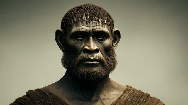 Homo erectus bust posing on neutral background