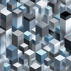 Isometric 3D Pattern Featuring Seamless Arrangement of Cubes and Blocks in Shades of Gray and Blue Tones