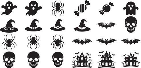 Halloween icons ghosts spiders witches hats bats skulls candy haunted houses