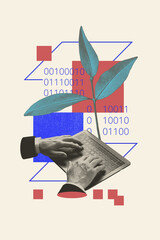 Creative trend artwork design collage sketch of hand type keyboard button programming hacker...