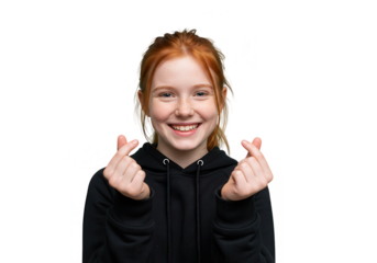 A happy red haired girl is making a heart gesture with her fingers and smiling while isolated on transparent background
