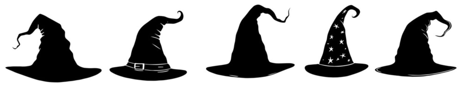 Set of witch hats in black, isolated 