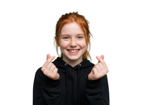 A happy red haired girl is making a heart gesture with her fingers and smiling while isolated on transparent background