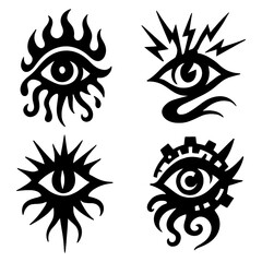 Tribal Eye Tattoo Icon Set – Black Flame-Inspired Eye Symbol Designs with Sharp Tribal Lines and Abstract Patterns – Solid Black Silhouette – Transparent Background