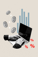 Composite sketch design trend artwork collage of hand type laptop trader coins dollars trade stats...